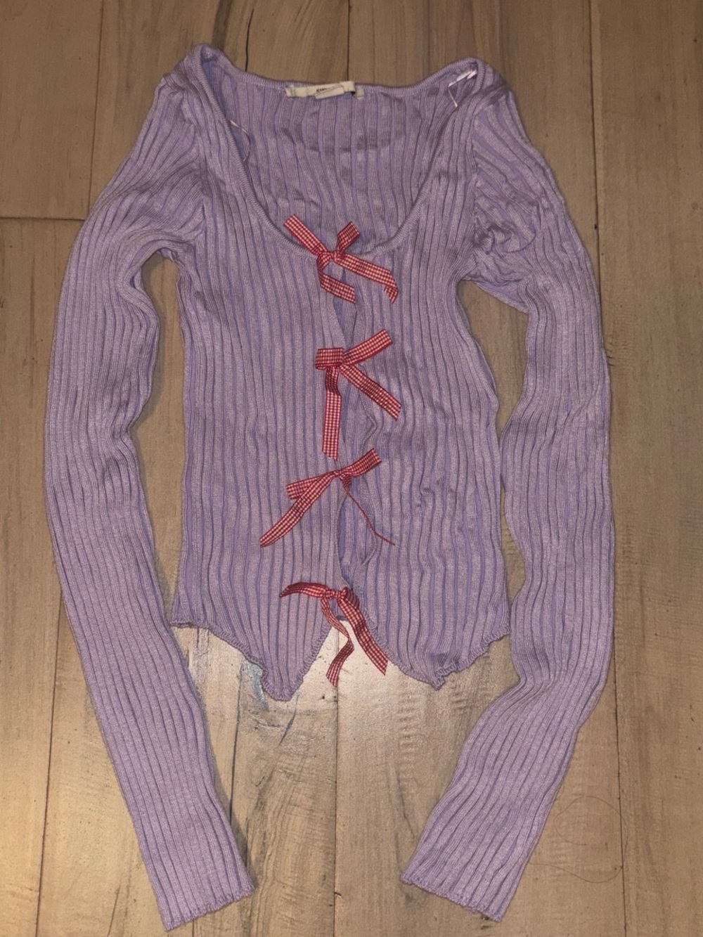 Kimchi Blue Lilac Ribbed Cardigan with Red Ribbon Accents